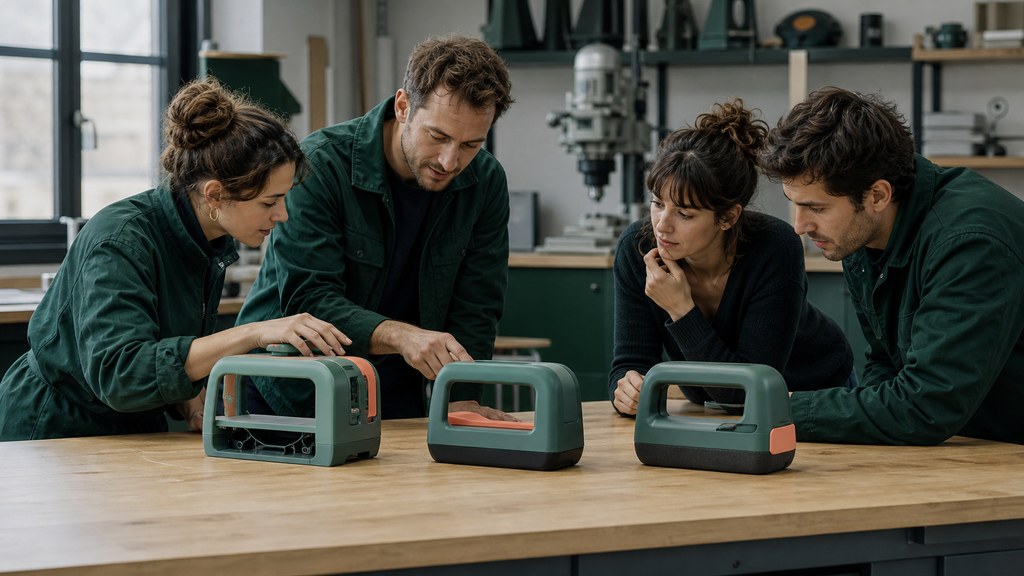 Équipe produit évaluant un prototype innovant