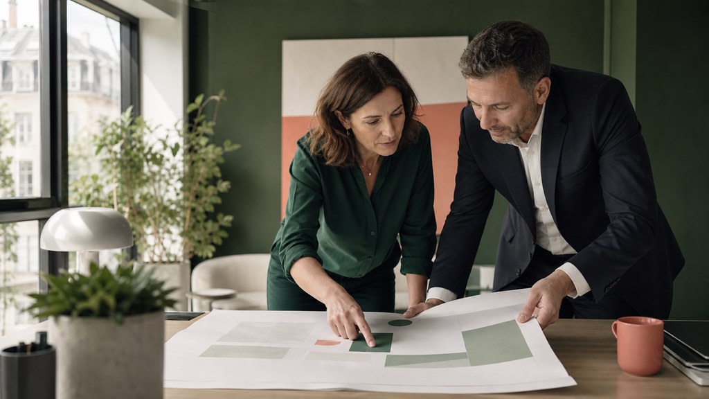 Dirigeante et conseil examinant un tableau d’arbitrages fiscaux